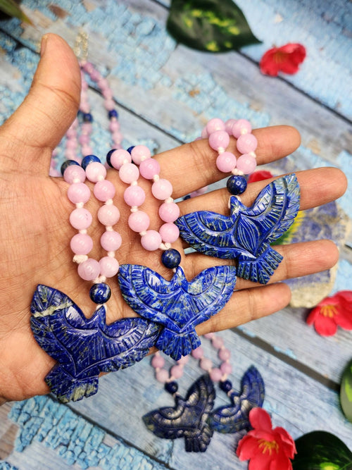 Kyanite and Lapis Lazuli 8mm Bead Mala with Lapis Lazuli Phoenix Pendant | Gemstone Necklace | Birthday Gift | Valentine gift | ONE PIECE ONLY
