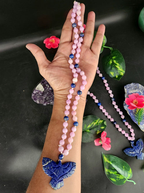 Kyanite and Lapis Lazuli 8mm Bead Mala with Lapis Lazuli Phoenix Pendant | Gemstone Necklace | Birthday Gift | Valentine gift | ONE PIECE ONLY