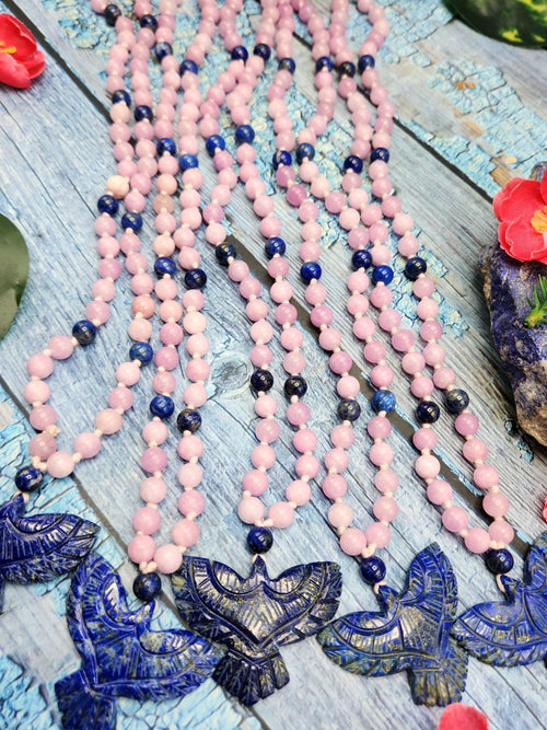 Kyanite and Lapis Lazuli 8mm Bead Mala with Lapis Lazuli Phoenix Pendant | Gemstone Necklace | Birthday Gift | Valentine gift | ONE PIECE ONLY