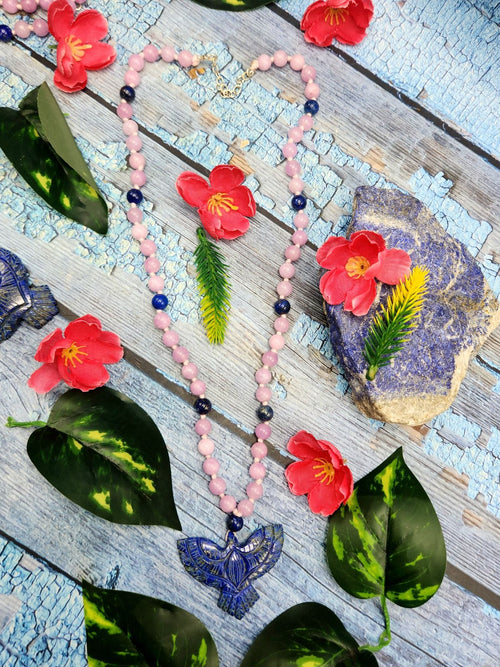 Kyanite and Lapis Lazuli 8mm Bead Mala with Lapis Lazuli Phoenix Pendant | Gemstone Necklace | Birthday Gift | Valentine gift | ONE PIECE ONLY
