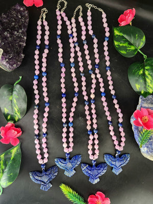 Kyanite and Lapis Lazuli 8mm Bead Mala with Lapis Lazuli Phoenix Pendant | Gemstone Necklace | Birthday Gift | Valentine gift | ONE PIECE ONLY