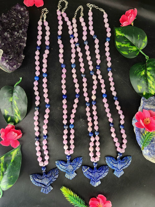 Kyanite and Lapis Lazuli 8mm Bead Mala with Lapis Lazuli Phoenix Pendant | Gemstone Necklace | Birthday Gift | Valentine gift | ONE PIECE ONLY