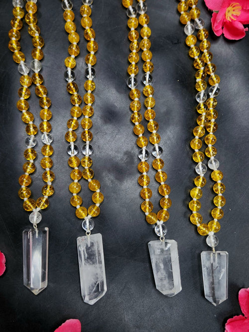 Citrine and Clear Quartz 8mm Bead Mala with Himalayan Quartz Natural Point Pendant | Gemstone Necklace | Birthday Gift | Valentine gift | ONE PIECE ONLY