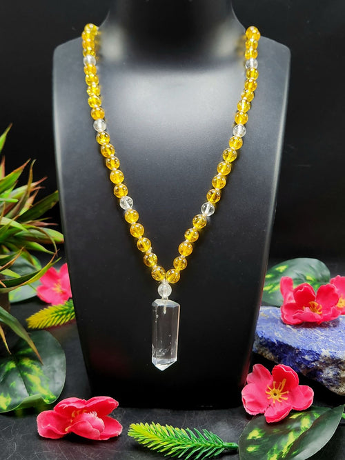 Citrine and Clear Quartz 8mm Bead Mala with Himalayan Quartz Natural Point Pendant | Gemstone Necklace | Birthday Gift | Valentine gift