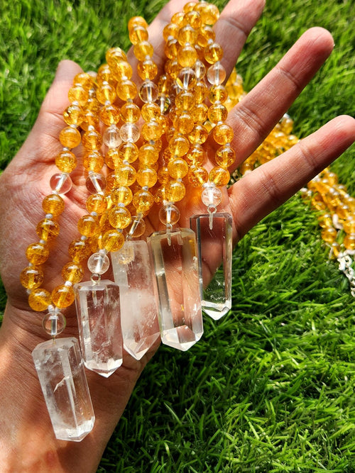 Citrine and Clear Quartz 8mm Bead Mala with Himalayan Quartz Natural Point Pendant | Gemstone Necklace | Birthday Gift | Valentine gift | ONE PIECE ONLY
