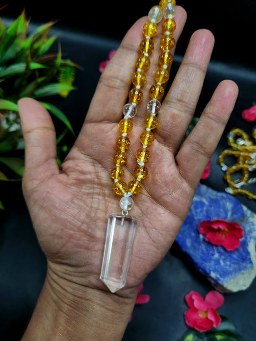 Citrine and Clear Quartz 8mm Bead Mala with Himalayan Quartz Natural Point Pendant | Gemstone Necklace | Birthday Gift | Valentine gift | ONE PIECE ONLY