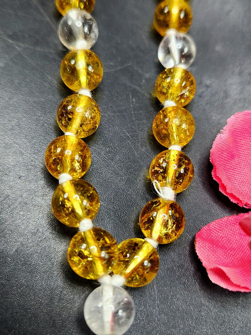 Citrine and Clear Quartz 8mm Bead Mala with Himalayan Quartz Natural Point Pendant | Gemstone Necklace | Birthday Gift | Valentine gift