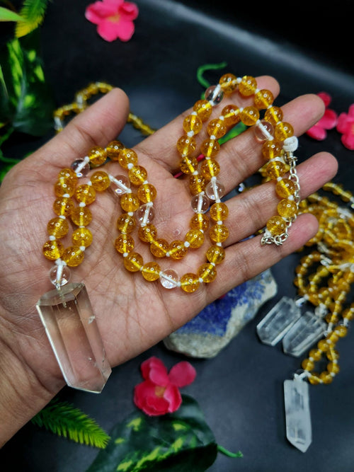 Citrine and Clear Quartz 8mm Bead Mala with Himalayan Quartz Natural Point Pendant | Gemstone Necklace | Birthday Gift | Valentine gift | ONE PIECE ONLY