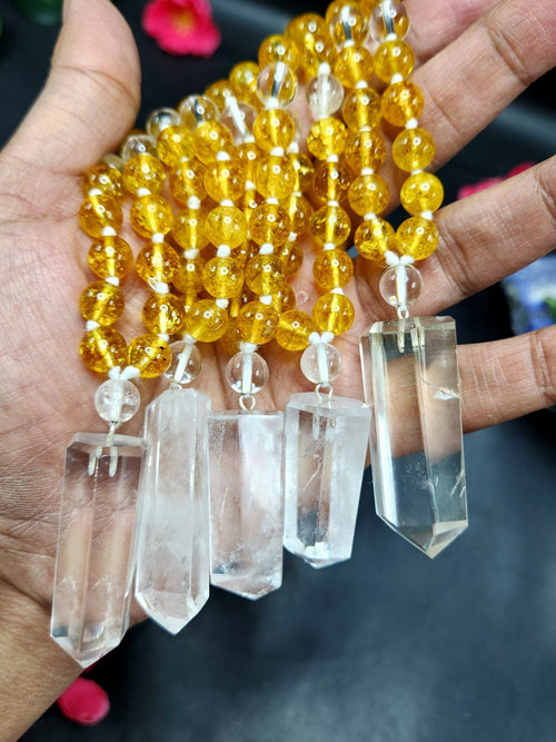 Citrine and Clear Quartz 8mm Bead Mala with Himalayan Quartz Natural Point Pendant | Gemstone Necklace | Birthday Gift | Valentine gift | ONE PIECE ONLY