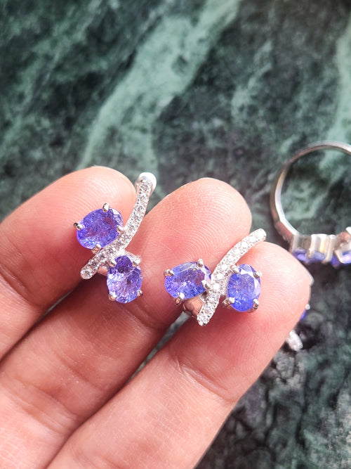 Tanzanite Jewelry Set of Finger Ring, Earrings and Pendant in sterling silver with rhodium polish | Birthday Gift | Valentine gift | Mother's Day gift