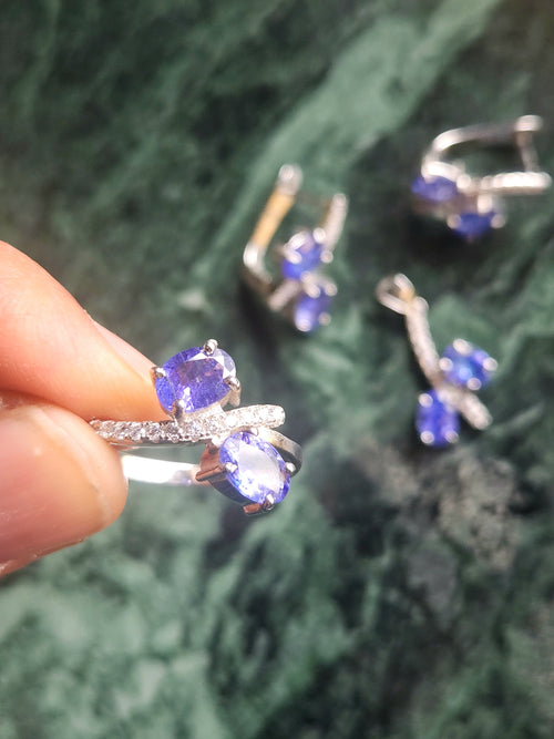 Tanzanite Jewelry Set of Finger Ring, Earrings and Pendant in sterling silver with rhodium polish | Birthday Gift | Valentine gift | Mother's Day gift