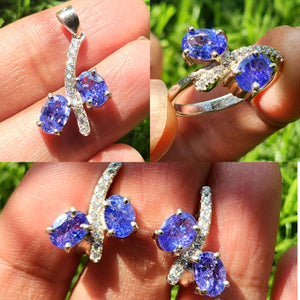 Tanzanite Jewelry Set of Finger Ring, Earrings and Pendant in sterling silver with rhodium polish | Birthday Gift | Valentine gift | Mother's Day gift