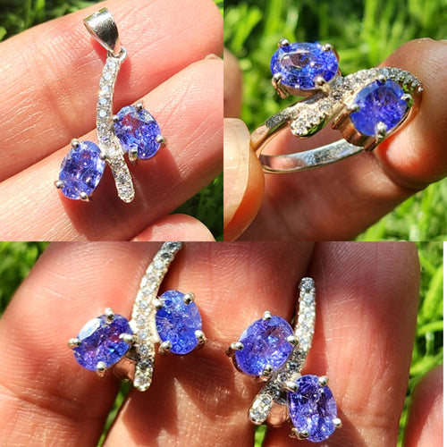 Tanzanite Jewelry Set of Finger Ring, Earrings and Pendant in sterling