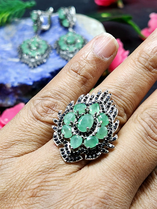 Sakota Emerald and Spinel Gemstone Jewelry Set of Earrings and Finger Ring | Gemstone Necklace | Birthday Gift | Valentine gift | Mother's Day gift