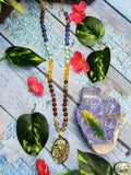 7 Chakra 56 Bead Mala with 8mm Beads and Labradorite Oval Shaped Om Pendant | Gemstone Necklace | Birthday Gift | Valentine gift | Mother's Day gift | ONE PEICE ONLY