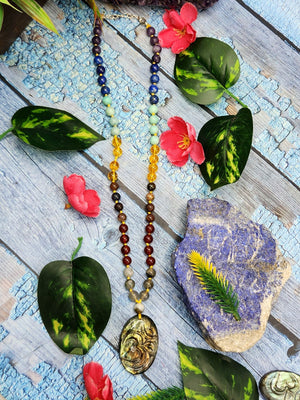 7 Chakra 56 Bead Mala with 8mm Beads and Labradorite Oval Shaped Om Pendant | Gemstone Necklace | Birthday Gift | Valentine gift | Mother's Day gift | ONE PEICE ONLY