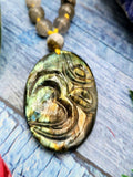 7 Chakra 56 Bead Mala with 8mm Beads and Labradorite Oval Shaped Om Pendant | Gemstone Necklace | Birthday Gift | Valentine gift | Mother's Day gift | ONE PEICE ONLY