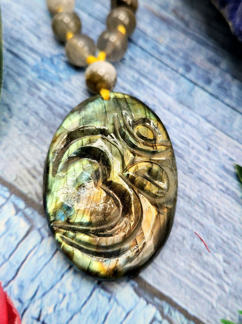 7 Chakra 56 Bead Mala with 8mm Beads and Labradorite Oval Shaped Om Pendant | Gemstone Necklace | Birthday Gift | Valentine gift | Mother's Day gift | ONE PEICE ONLY