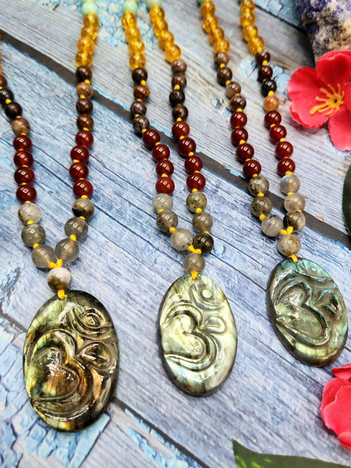 7 Chakra 56 Bead Mala with 8mm Beads and Labradorite Oval Shaped Om Pendant | Gemstone Necklace | Birthday Gift | Valentine gift | Mother's Day gift | ONE PEICE ONLY