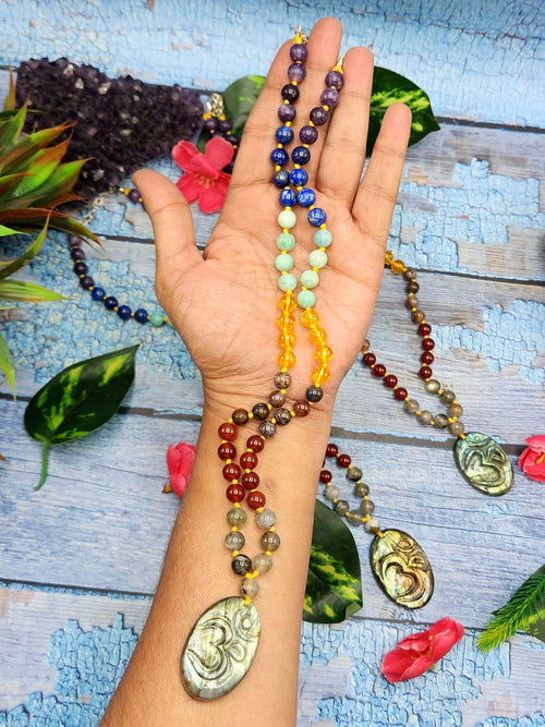 7 Chakra 56 Bead Mala with 8mm Beads and Labradorite Oval Shaped Om Pendant | Gemstone Necklace | Birthday Gift | Valentine gift | Mother's Day gift