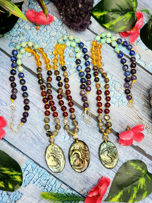 7 Chakra 56 Bead Mala with 8mm Beads and Labradorite Oval Shaped Om Pendant | Gemstone Necklace | Birthday Gift | Valentine gift | Mother's Day gift