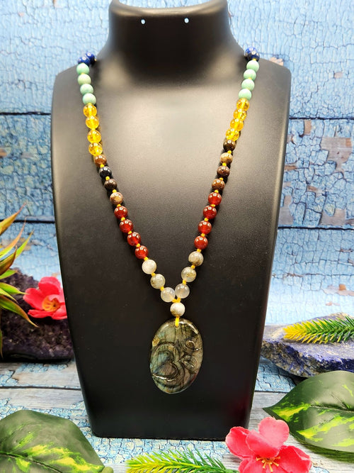 7 Chakra 56 Bead Mala with 8mm Beads and Labradorite Oval Shaped Om Pendant | Gemstone Necklace | Birthday Gift | Valentine gift | Mother's Day gift | ONE PEICE ONLY