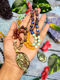 7 Chakra 56 Bead Mala with 8mm Beads and Labradorite Oval Shaped Om Pendant | Gemstone Necklace | Birthday Gift | Valentine gift | Mother's Day gift | ONE PEICE ONLY