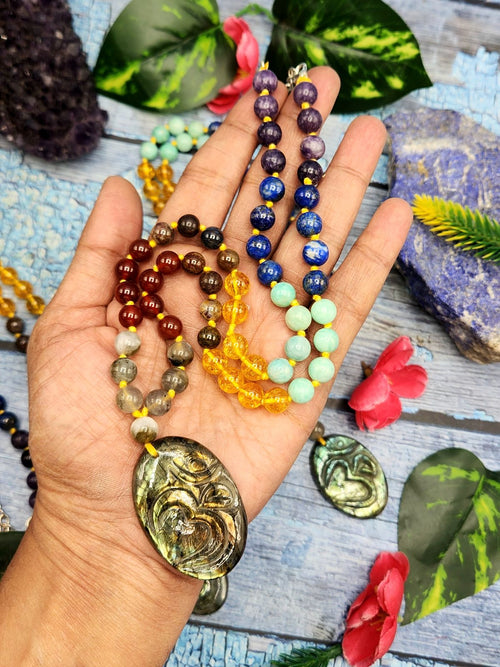 7 Chakra 56 Bead Mala with 8mm Beads and Labradorite Oval Shaped Om Pendant | Gemstone Necklace | Birthday Gift | Valentine gift | Mother's Day gift | ONE PEICE ONLY