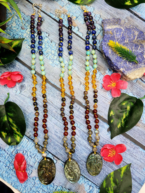 7 Chakra 56 Bead Mala with 8mm Beads and Labradorite Oval Shaped Om Pendant | Gemstone Necklace | Birthday Gift | Valentine gift | Mother's Day gift | ONE PEICE ONLY