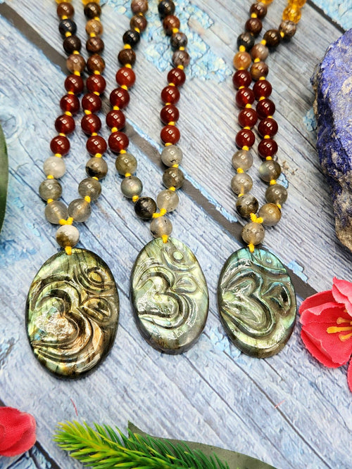 7 Chakra 56 Bead Mala with 8mm Beads and Labradorite Oval Shaped Om Pendant | Gemstone Necklace | Birthday Gift | Valentine gift | Mother's Day gift