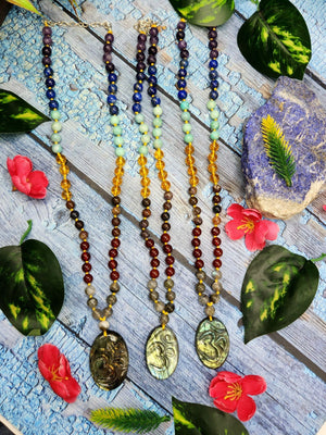 7 Chakra 56 Bead Mala with 8mm Beads and Labradorite Oval Shaped Om Pendant | Gemstone Necklace | Birthday Gift | Valentine gift | Mother's Day gift | ONE PEICE ONLY