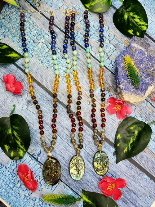 7 Chakra 56 Bead Mala with 8mm Beads and Labradorite Oval Shaped Om Pendant | Gemstone Necklace | Birthday Gift | Valentine gift | Mother's Day gift | ONE PEICE ONLY