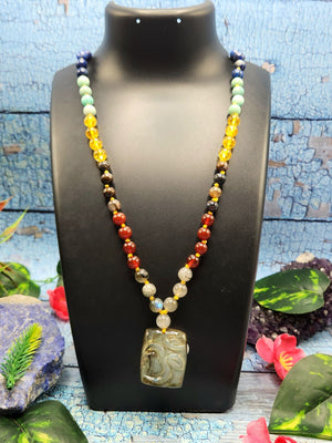7 Chakra 56 Bead Mala of 8mm size with Labradorite square shaped Om pendant |  Gemstone Necklace | Birthday Gift | Valentine gift | Mother's Day gift