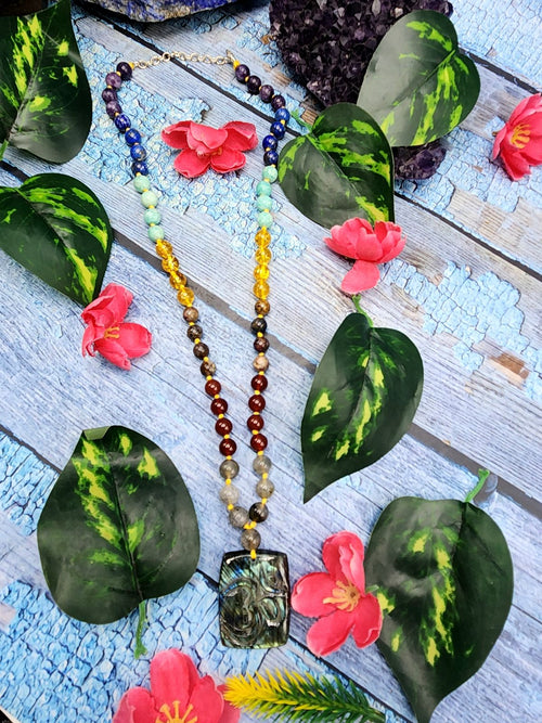 7 Chakra 56 Bead Mala of 8mm size with Labradorite square shaped Om pendant |  Gemstone Necklace | Birthday Gift | Valentine gift | Mother's Day gift