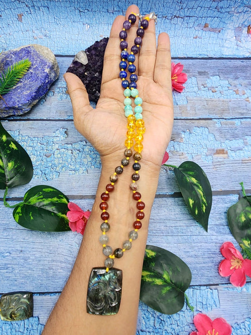 7 Chakra 56 Bead Mala of 8mm size with Labradorite square shaped Om pendant |  Gemstone Necklace | Birthday Gift | Valentine gift | Mother's Day gift