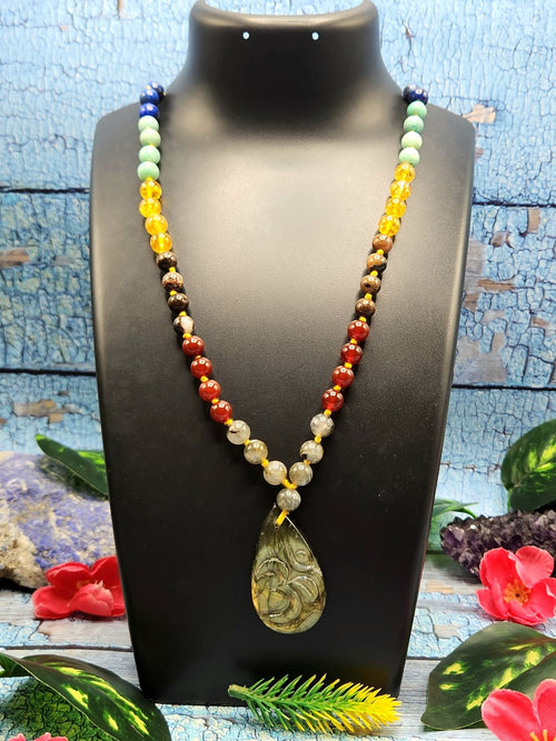 7 Chakra 56 Bead Mala of 8mm size with Labradorite tear drop shaped Om pendant | Gemstone Necklace | Birthday Gift | Valentine gift | Mother's Day gift