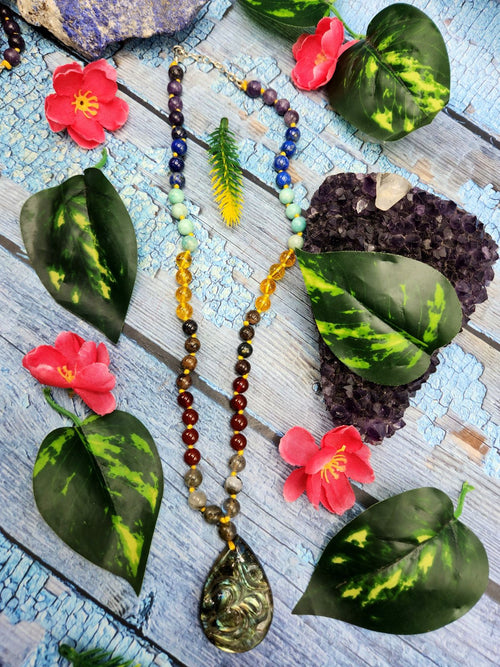 7 Chakra 56 Bead Mala of 8mm size with Labradorite tear drop shaped Om pendant | Gemstone Necklace | Birthday Gift | Valentine gift | Mother's Day gift