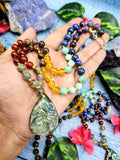 7 Chakra 56 Bead Mala of 8mm size with Labradorite tear drop shaped Om pendant | Gemstone Necklace | Birthday Gift | Valentine gift | Mother's Day gift