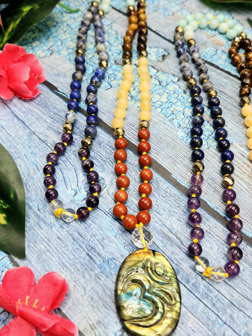 7 Chakra 109 Bead Mala of 8mm size with Labradorite oval shaped om pendant | Gemstone Necklace | Birthday Gift | Valentine gift | Mother's Day gift