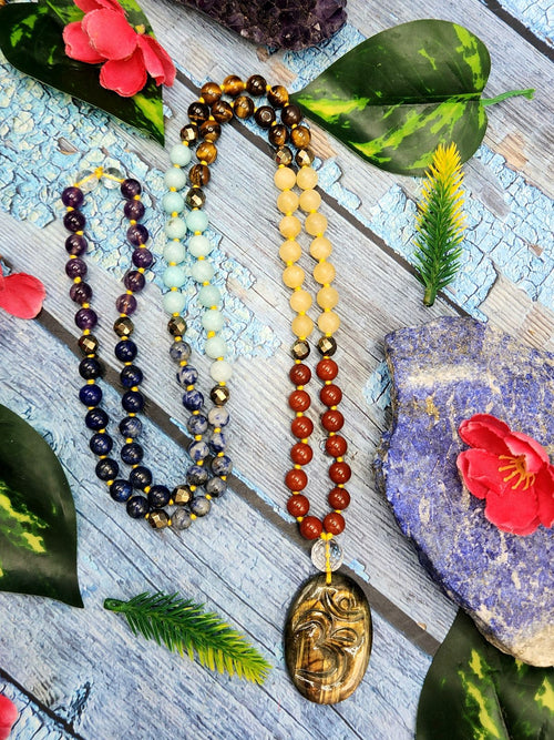 7 Chakra 109 Bead Mala of 8mm size with Labradorite oval shaped om pendant | Gemstone Necklace | Birthday Gift | Valentine gift | Mother's Day gift