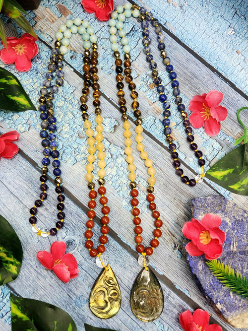 7 Chakra 109 Bead Mala of 8mm size with Labradorite tear drop shaped om pendant | Gemstone Necklace | Birthday Gift | Valentine gift | Mother's Day gift