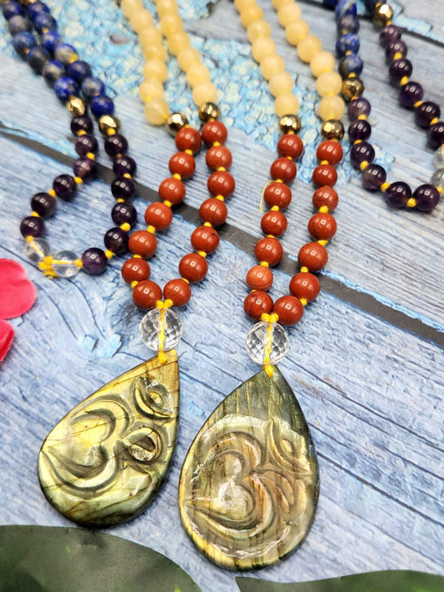 7 Chakra 109 Bead Mala of 8mm size with Labradorite tear drop shaped om pendant | Gemstone Necklace | Birthday Gift | Valentine gift | Mother's Day gift