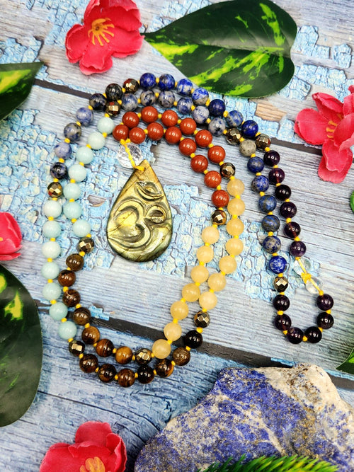 7 Chakra 109 Bead Mala of 8mm size with Labradorite tear drop shaped om pendant | Gemstone Necklace | Birthday Gift | Valentine gift | Mother's Day gift