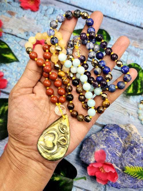 7 Chakra 109 Bead Mala of 8mm size with Labradorite tear drop shaped om pendant | Gemstone Necklace | Birthday Gift | Valentine gift | Mother's Day gift