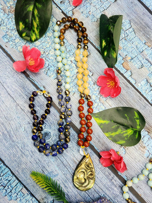 7 Chakra 109 Bead Mala of 8mm size with Labradorite tear drop shaped om pendant | Gemstone Necklace | Birthday Gift | Valentine gift | Mother's Day gift
