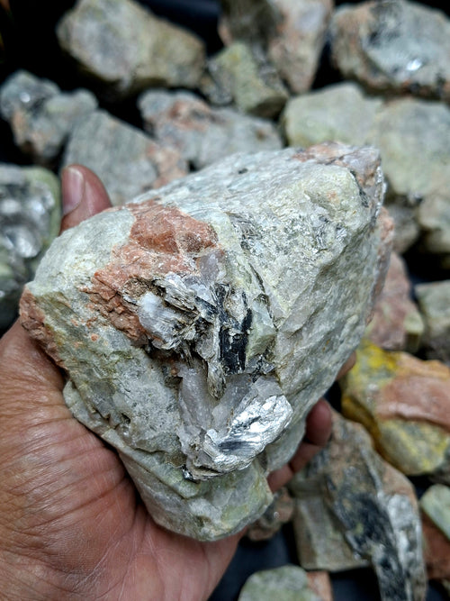 Aquamarine with Peach Moonstone and Pyrite inclusion rough stone: A Shield of Calm, Protection and Positive Energy | Weight 10 Kgs | Lot of 10 kgs