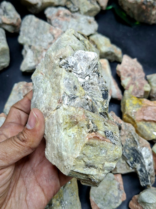 Aquamarine with Peach Moonstone and Pyrite inclusion rough stone: A Shield of Calm, Protection and Positive Energy | Weight 10 Kgs | Lot of 10 kgs