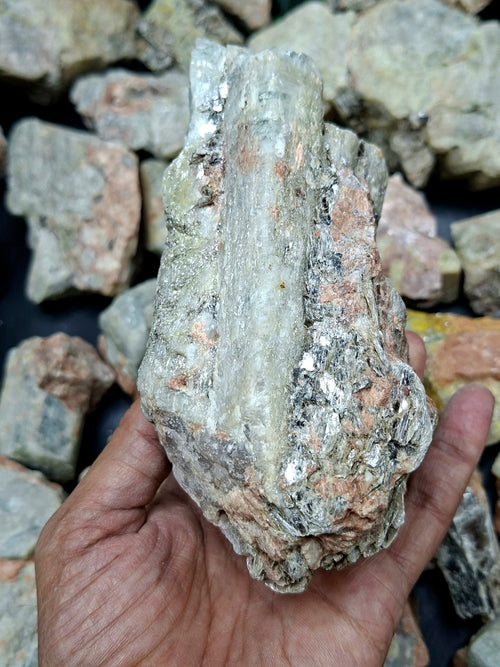 Aquamarine with Peach Moonstone and Pyrite inclusion rough stone: A Shield of Calm, Protection and Positive Energy | Weight 10 Kgs | Lot of 10 kgs