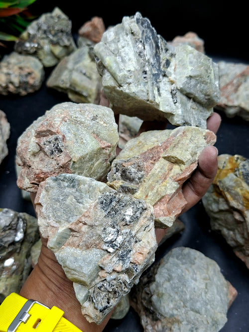Aquamarine with Peach Moonstone and Pyrite inclusion rough stone: A Shield of Calm, Protection and Positive Energy | Weight 9.5 Kgs | Lot of 9.5 kgs