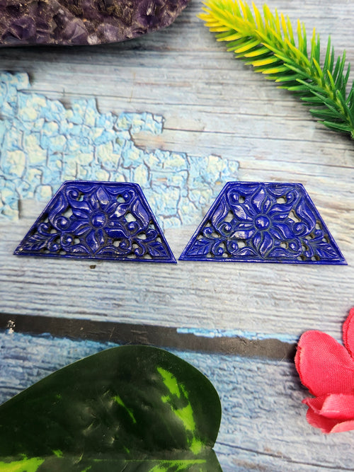 Lapis Lazuli Carved Mughal Floral Design Earring - A Fusion of Artistry and Healing Energies